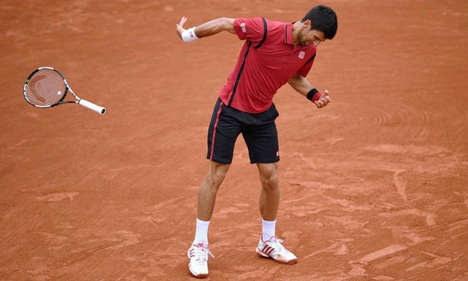 Djokovic bounces his racket during his quarter-final against Tomas Berdych at the 2016 French Open, nearly striking a line judge in the process.