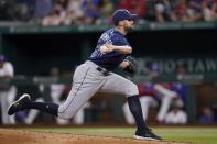 Tampa Bay Rays relief pitcher Ryan Thompson throws to the Texas Rangers in the sixth inning of a baseball game, Monday, May 30, 2022, in Arlington, Texas. (AP Photo/Tony Gutierrez)