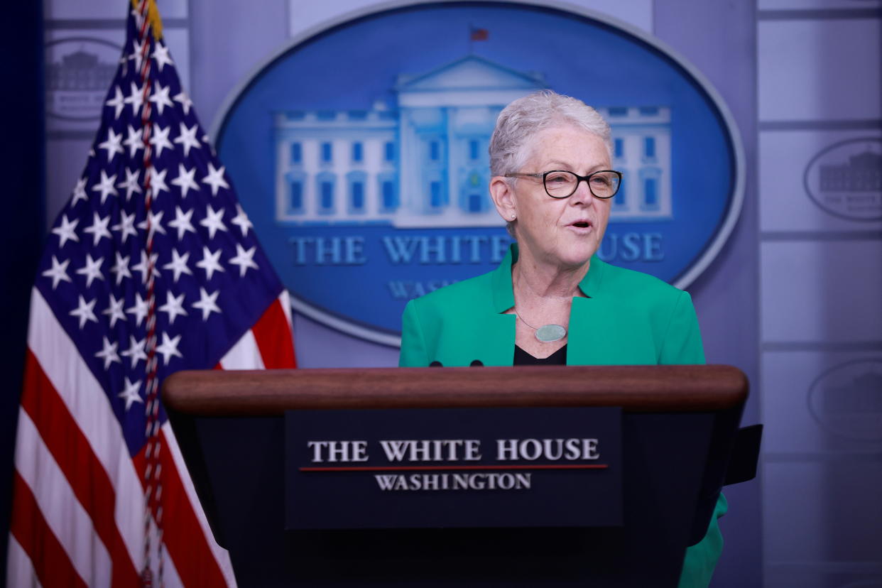 National Climate Advisor Gina McCarthy delivers remarks during a press briefing at the White House in Washington, U.S., April 22, 2021. REUTERS/Tom Brenner