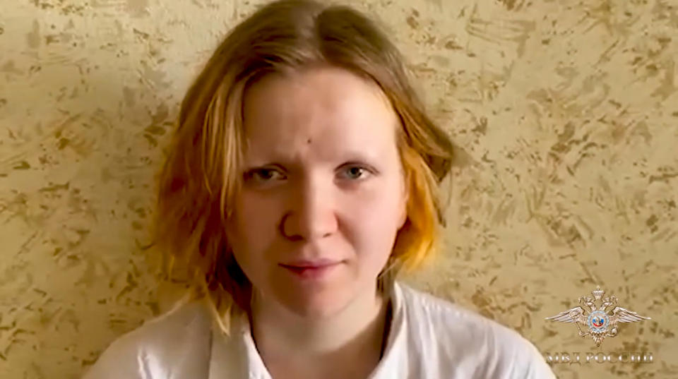 This grab taken from video released by the Russian Interior Ministry Press Service on Monday, April 3, 2023, shows Darya Trepova, a 26-year-old St. Petersburg resident suspected of involvement in a bombing at a St. Petersburg cafe.<span class="copyright">Russian Interior Ministry Press Service via AP</span>