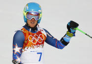 Ted Ligety of the U.S. reacts after the first run of the men's alpine skiing giant slalom event in the Sochi 2014 Winter Olympics at the Rosa Khutor Alpine Center February 19, 2014. REUTERS/Kai Pfaffenbach (RUSSIA - Tags: OLYMPICS SPORT SKIING)