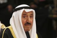 FILE - In this Tuesday, Dec. 5, 2017 file photo, Kuwait's emir, Sheikh Sabah Al Ahmad Al Sabah, presides over the Gulf Cooperation Council summit in Kuwait City. Kuwait state television said Tuesday, Sept. 29, 2020, the country's 91-year-old ruler, Sheikh Sabah Al Ahmad Al Sabah, had died. (AP Photo/Jon Gambrell, File)