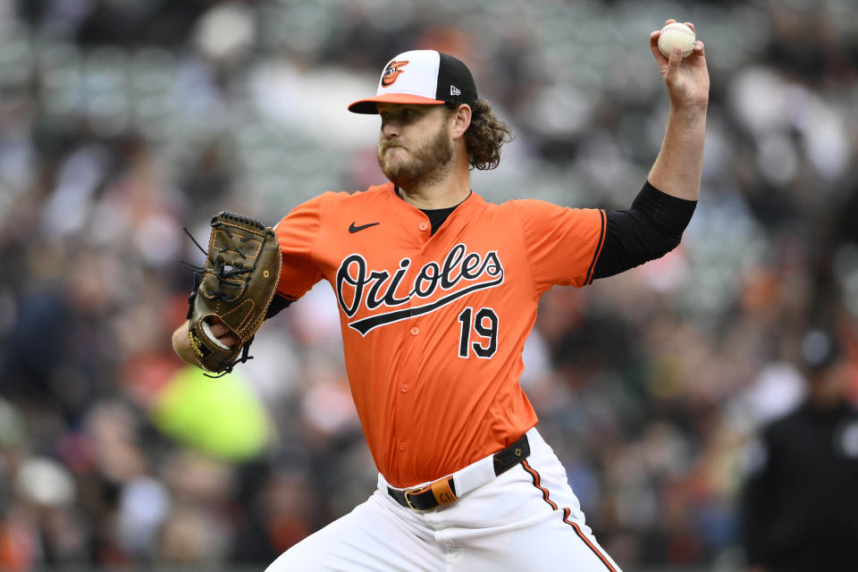 Baltimore Orioles starting pitcher Cole Irvin throws during the second inning of a baseball game against the Oakland Athletics, Saturday, April 27, 2024, in Baltimore. (AP Photo/Nick Wass)