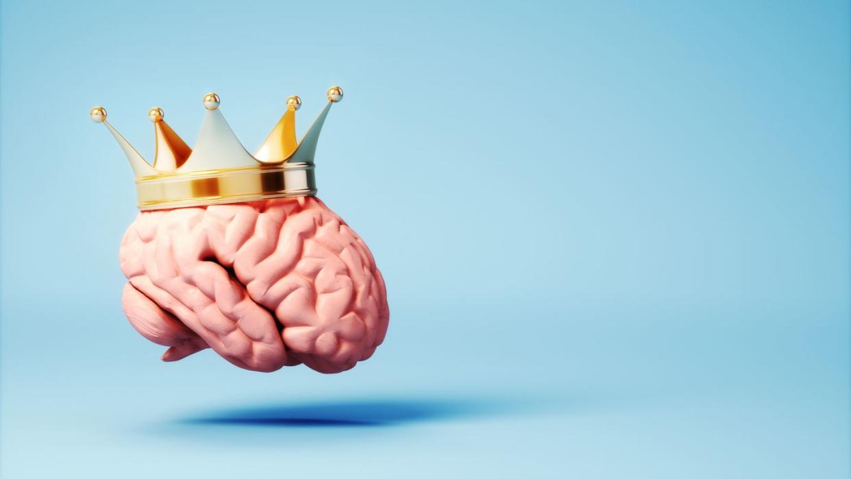 king's crown in human brain on soft blue background, concept of power and greatness