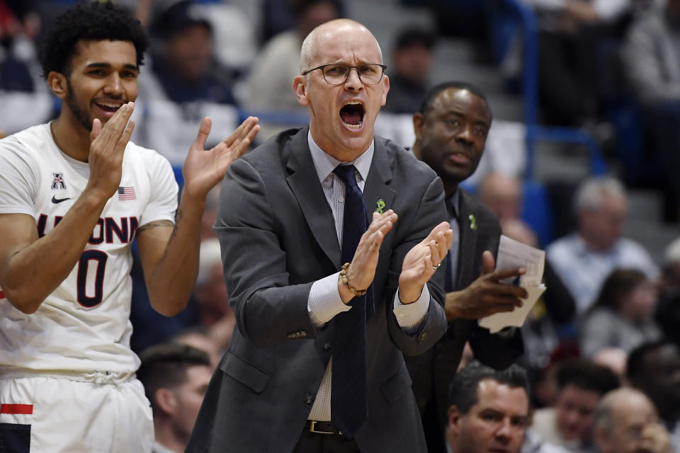 Connecticut head coach Dan Hurley reacts in the second half of an NCAA college basketball game against Central Florida, Wednesday, Feb. 26, 2020, in Hartford, Conn. (AP Photo/Jessica Hill)