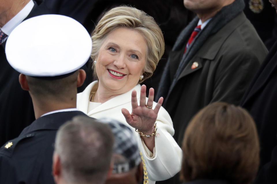 <p>Former Democratic presidential nominee Hillary Clinton arrives on the West Front of the U.S. Capitol on January 20, 2017 in Washington, DC. (Photo: Chip Somodevilla/Getty Images) </p>