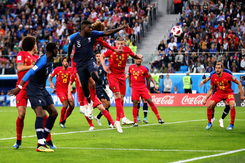 Samuel Umtiti of France scores his sides first goal during the 2018 FIFA World Cup Russia Semi Final match between Belgium and France at Saint Petersburg Stadium on July 10, 2018 in Saint Petersburg, Russia. (Getty Images)