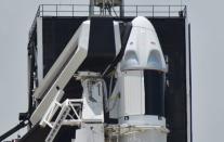 FILE PHOTO: The SpaceX Crew Dragon spacecraft, atop a Falcon 9 booster rocket, is connected to the crew access arm and launch tower on Pad39A