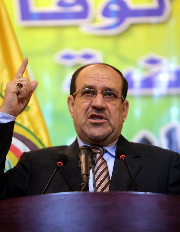 A file picture taken on January 11, 2014 in Baghdad shows Iraqi Prime Minister Nuri al-Maliki speaking during a political meeting