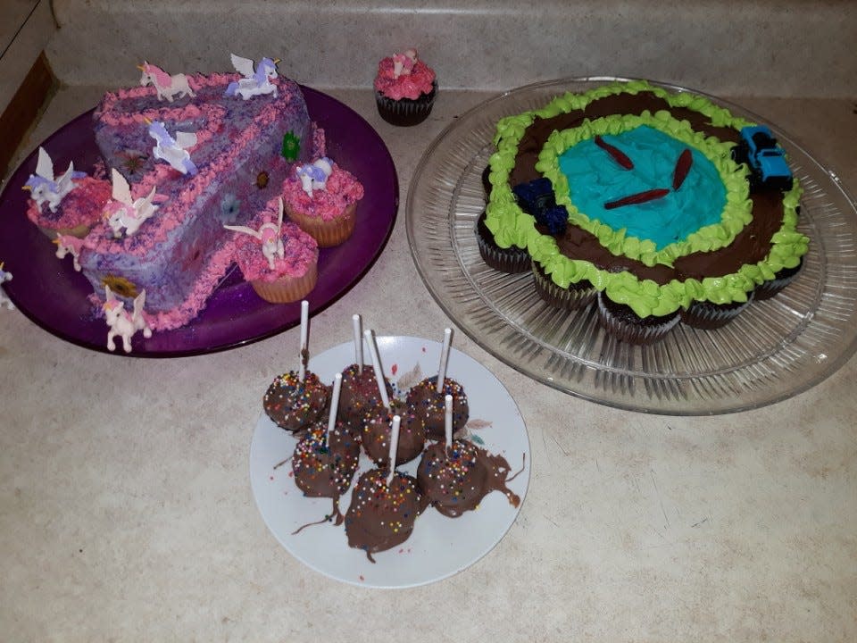 Daughter Lovina made these cakes and cake pops for the birthdays of Abigail, 7, and Curtis, 4.