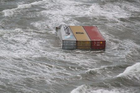 A handout aerial photo made available by the Dutch Coastguard on January 3, 2019 shows floating containerw that have fallen from the container ship MSC ZOE. Up to 270 containers had fallen off the Panamanian-flagged MSC ZOE, one of the world's biggest container ships, in rough weather near the German island of Borkum and floated southwest toward Dutch waters. Dutch Coastguard/Handout via REUTERS