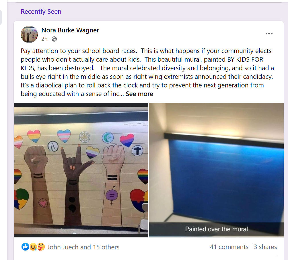 This post from Facebook shows the diversity mural in the stairwell of Nagel Middle School before and after it was painted over