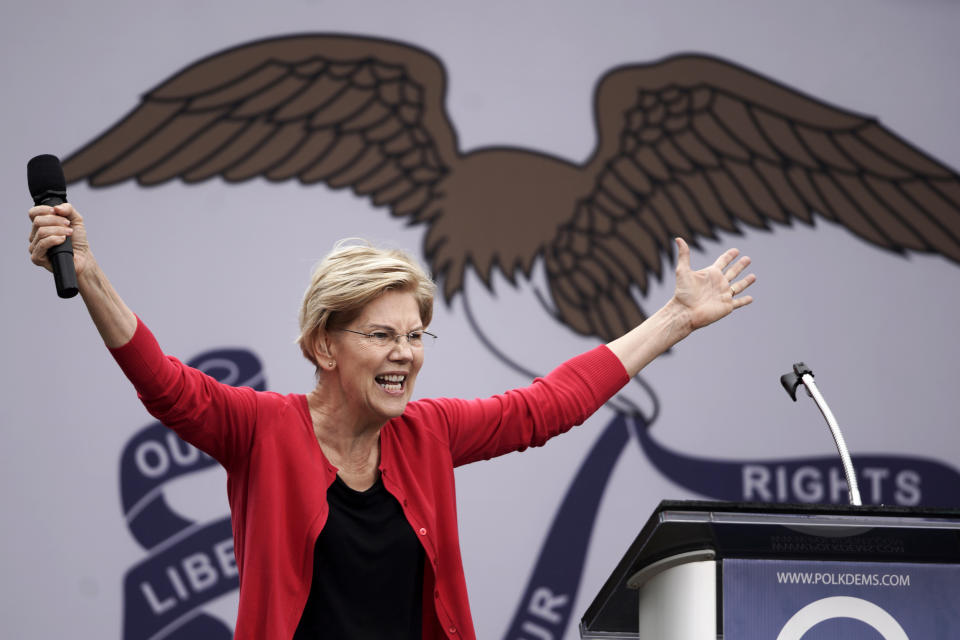 Democratic presidential candidate Sen. Elizabeth Warren, D-Mass. speaks at the Polk County Democrats Steak Fry, in Des Moines, Iowa, Saturday, Sept. 21, 2019. (AP Photo/Nati Harnik)