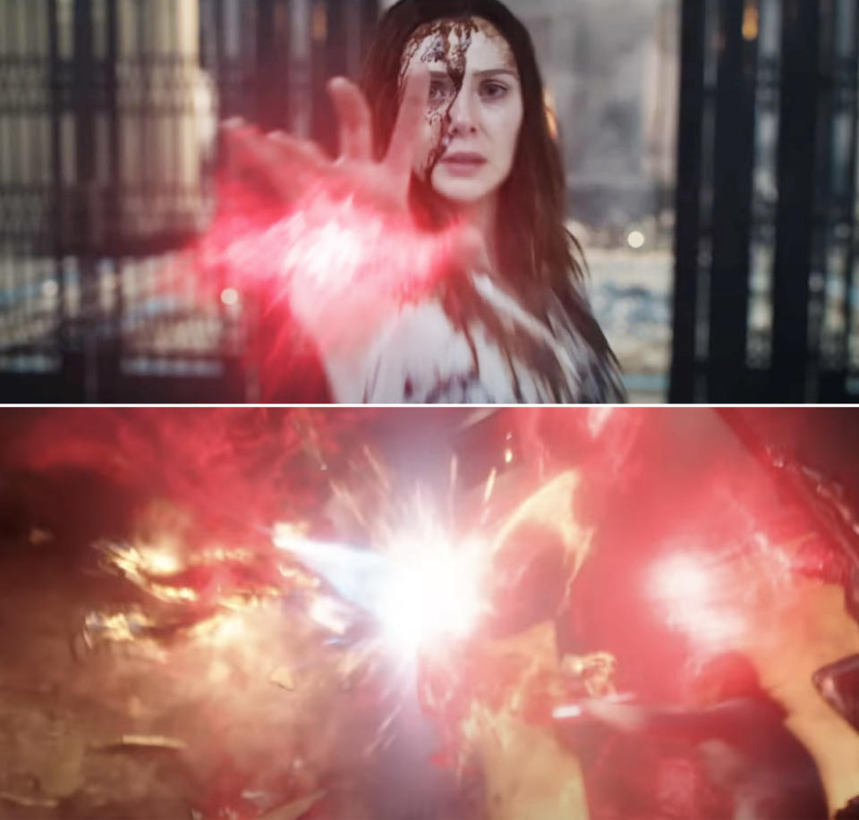 Wanda, her face covered in blood, obliterating the Illuminati