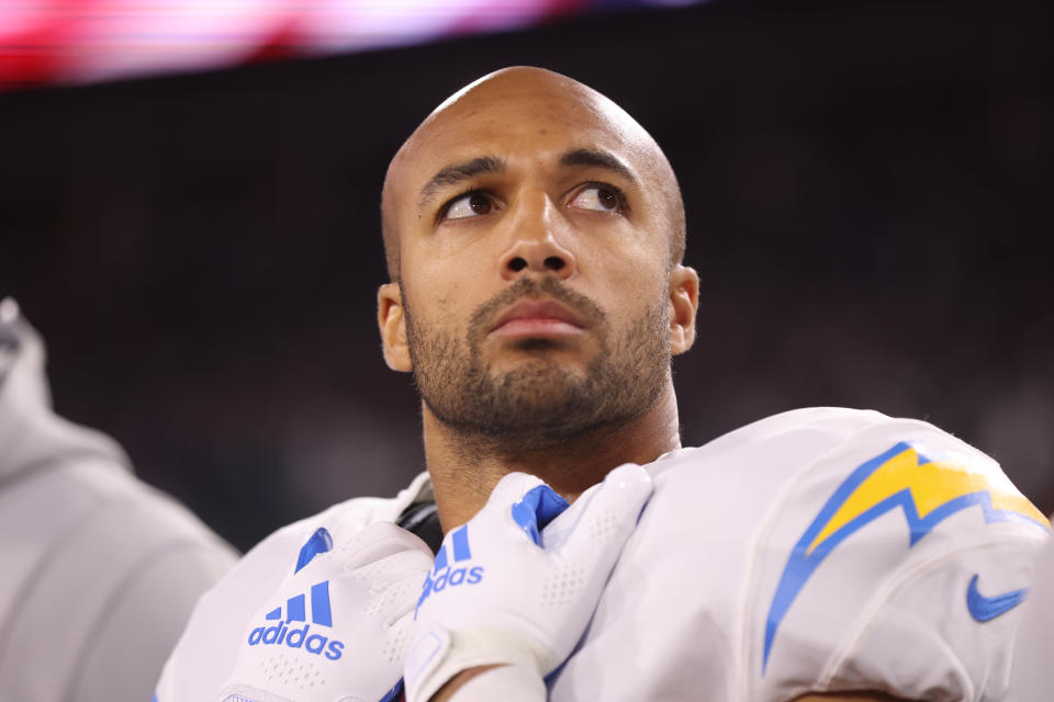 JACKSONVILLE, FLORIDA - JANUARY 14: Austin Ekeler #30 of the Los Angeles Chargers stands on the sideline prior to an AFC Wild Card playoff game against the Jacksonville Jaguars at TIAA Bank Field on Saturday, January 14, 2023, in Jacksonville, Florida. (Photo by Perry Knotts/Getty Images)