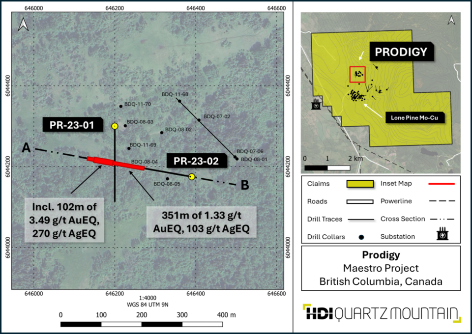 <strong>Figure 2</strong> - Plan view map of Prodigy highlighting the discovery in PR-23-02. PR-23-02 hosts the western-most intersection to date, and the zone remains open in several directions and at depth. Total depth, azimuth, and dip of PR-23-01 (633 m, 180°, -73°) and PR-23-02 (812.5 m, 280°, -70°).