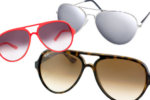 Wie wär’s zum Beispiel mit einem rund-eckigen Shade-Hybriden? Diese Form schmeichelt Ihrem Antlitz und lässt Ihre obere Gesichtshälfte zierlicher erscheinen. Gar nicht gut machen sich hingegen Sunglasses, deren Form von oben nach unten schmaler wird. (Bilder: MisterSpex, Asos)