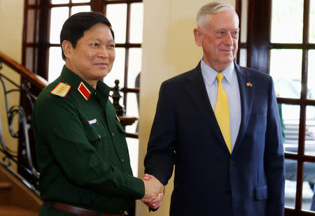 U.S. Secretary of Defense Jim Mattis (R) meets Vietnam's Defence Minister General Ngo Xuan Lich in Ho Chi Minh city, Vietnam October 17, 2018. REUTERS/Kham/Pool