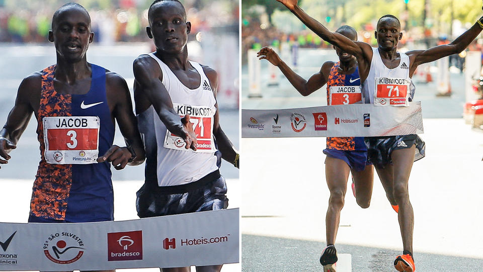 Kibiwott Kandie, pictured here stunning Jacob Kiplimo at the finish line.