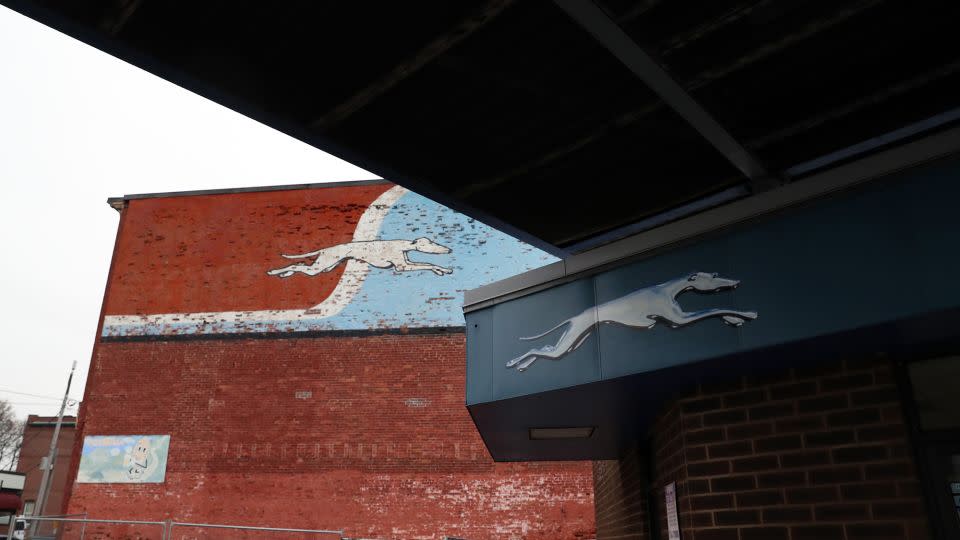 Outside the Greyhound Bus terminal in Portland, Maine, in 2021. The retro mural is coming down. - Ben McCanna/Portland Press Herald/Getty Images