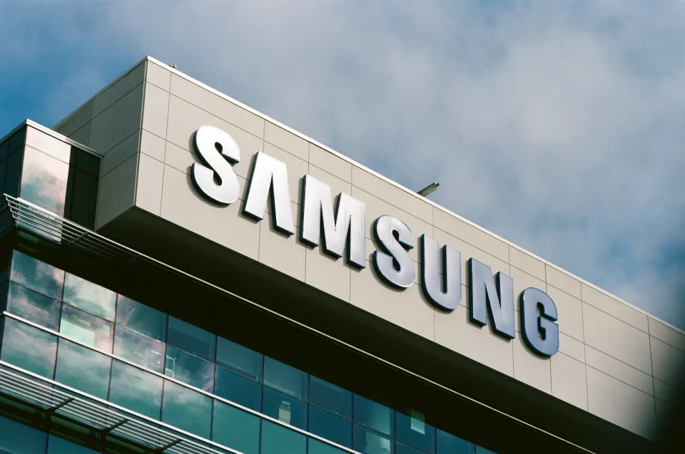 Close-up of logo for Samsung on research building in the Silicon Valley, Mountain View, California, October 28, 2018. (Photo by Smith Collection/Gado/Getty Images)