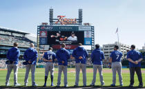 <p>Members of the Kansas City Royals stand during a moment of silence to Miami Marlins pitcher Jose Fernandez before the baseball game against the Detroit Tigers, Sunday, Sept. 25, 2016, in Detroit. Mich. (AP Photo/Carlos Osorio) </p>