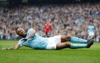 <p>Raheem Sterling after missing yet another chance to score in a first half that saw Manchester City rip Manchester United apart </p>