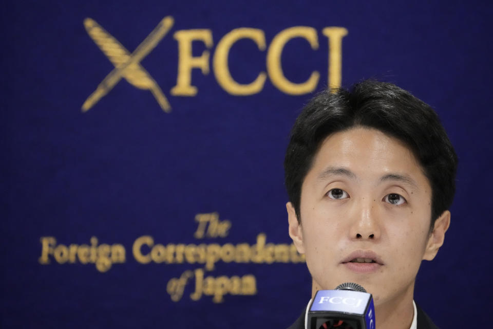 Toru Kubota, a Japanese journalist jailed for more than three months in Myanmar, speaks during a press conference at the Foreign Correspondents' Club of Japan (FCCJ) Monday, Nov. 28, 2022, in Tokyo. (AP Photo/Shuji Kajiyama)