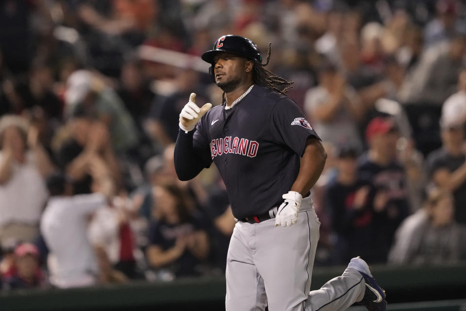 Cleveland Guardians' Josh Bell, rounds bases after hitting a home run during the seventh inning of a baseball game against the Washington Nationals in Washington, Friday, April 14, 2023. (AP Photo/Manuel Balce Ceneta)