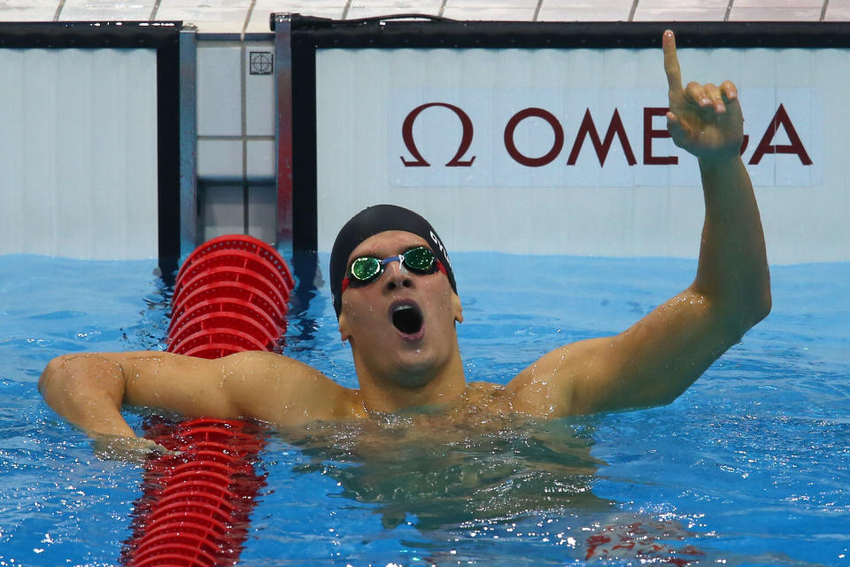 LONDON, ENGLAND - AUGUST 01: Daniel Gyurta of Hungary celebrates after he won the Final for the Men's 200m Breaststroke on Day 5 of the London 2012 Olympic Games at the Aquatics Centre on August 1, 2012 in London, England. (Photo by Alexander Hassenstein/Getty Images)