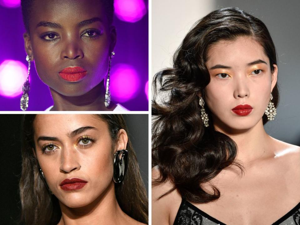 Nothing says classic beauty quite like a red lip. On the runways, we saw a number of different shades, like the deep rusty red at Cushnie et Ochs, or the bright poppy at Brandon Maxwell.<br /><br /><i>(Clockwise from top left: Brandon Maxwell, Tadashi Shoji, Cushnie et Ochs)</i>