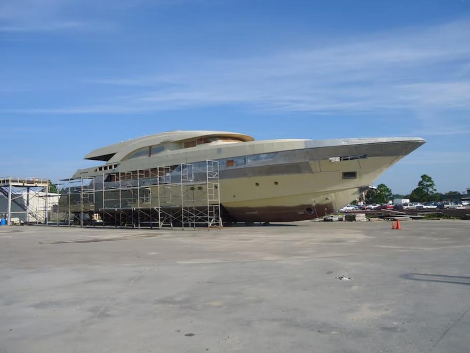 An uncompleted 168-foot Trinity Tri-Deck superyacht being auctioned by Boathouse Auctions