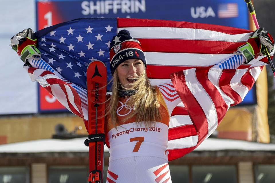 Mikaela Shiffrin celebrates her gold medal in the giant slalom on Thursday in Pyeongchang, South Korea. (AP)