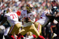 San Francisco 49ers quarterback Jimmy Garoppolo (10) looks to pass during the first half of an NFL football game Sunday, Sept. 19, 2021, in Philadelphia. (AP Photo/Matt Slocum)