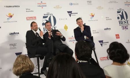 Co-owners of the restaurant Eleven Madison Park Daniel Humm (L) and Will Guidara (C) talk at a press conference during the 50 Best Restaurants awards in Melbourne, Australia April 5, 2017. REUTERS/Sonali Paul