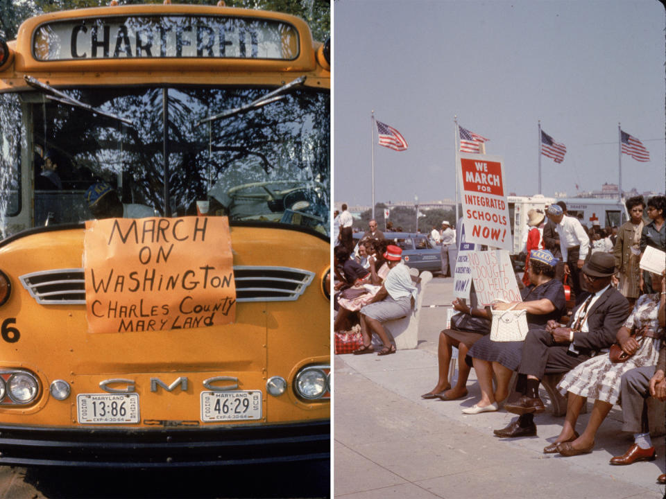 The left photo shows a yellow bus with a sign saying "March on Washington Charles Country, Maryland." The right photo shows people resting on benches during the March on Washington.