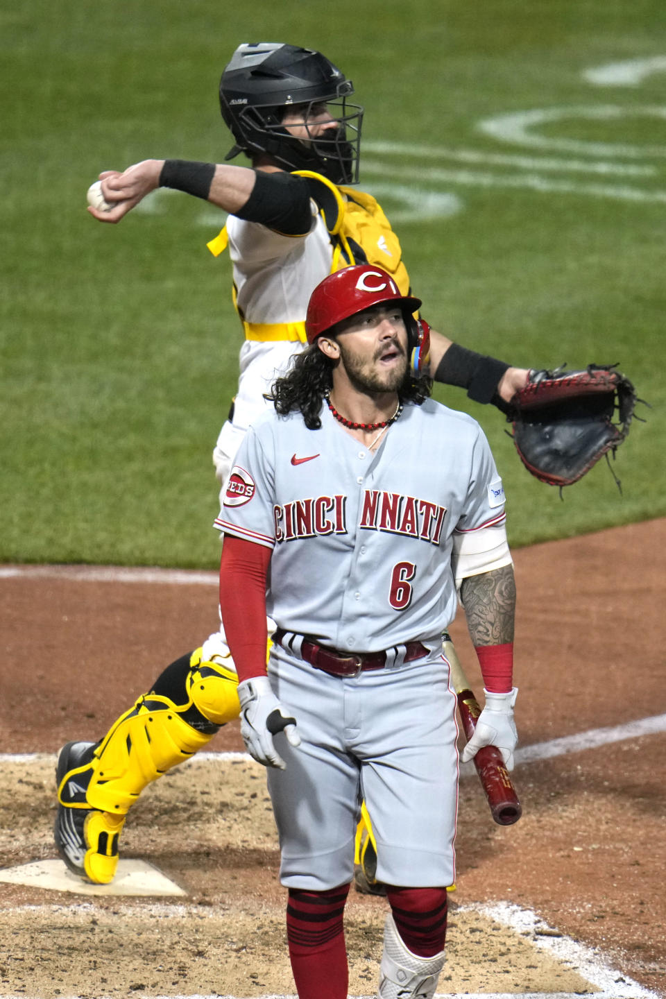 Cincinnati Reds' Jonathan India (6) walks back to the dugout after striking out during the ninth inning of a baseball game against the Pittsburgh Pirates in Pittsburgh, Saturday, April 22, 2023. The Pirates won 2-1. (AP Photo/Gene J. Puskar)