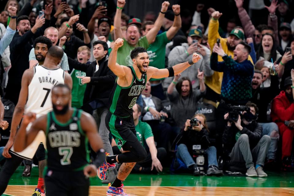 Jayson Tatum celebrates his game-winning shot to beat the Nets in Game 1.