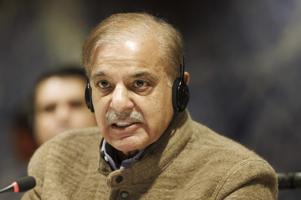 The Prime Minister of Pakistan Shehbaz Sharif speaks during the International Conference on Climate-Resilient Pakistan, at the European headquarters of the United Nation, in Geneva, Switzerland, Monday, Jan. 9, 2023. (Salvatore Di Nolfi/Keystone via AP)