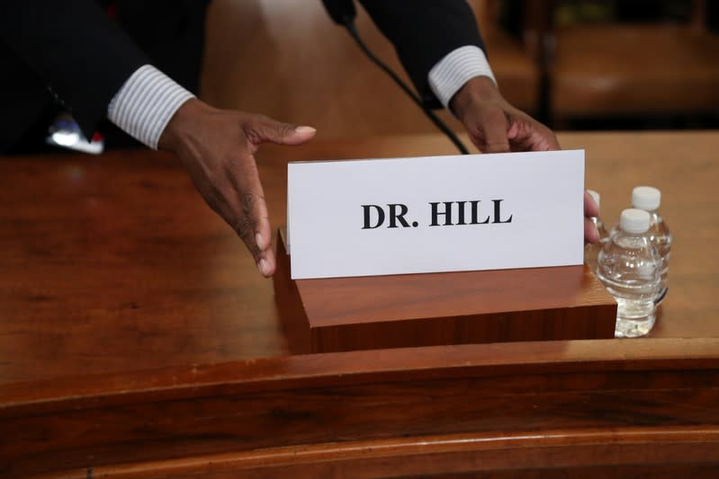 A nameplate for Fiona Hill is placed before she testifies in front of the House Intelligence Committee hearing as part of Trump impeachment inquiry on Capitol Hill in Washington