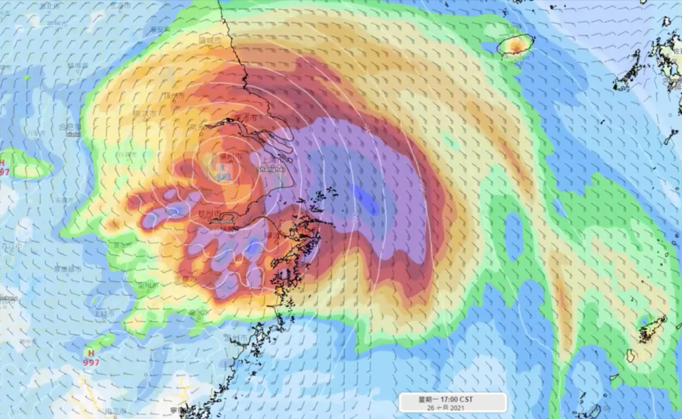 烟花強風軸的確對準上海，氣象達人彭啟明警告可能有嚴重的影響。   圖：翻攝自氣象達人彭啟明臉書專頁