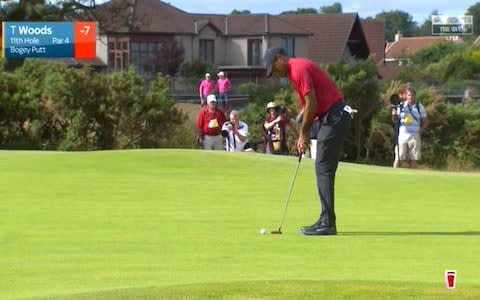 Tiger Woods misses this bogey putt - Credit: Sky