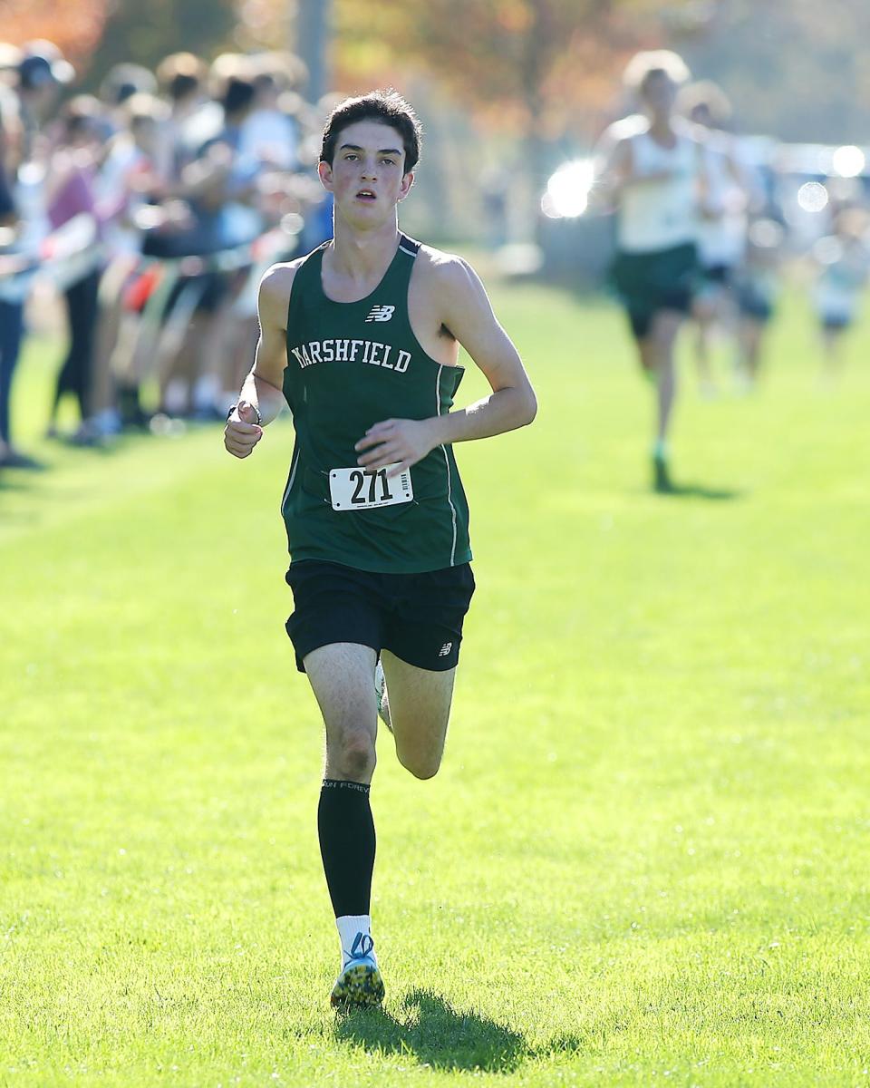 Marshfield’s Matt McCabe takes third overall with a time of 16:29.50 during the Patriot League Championship Meet at Hingham High School on Saturday, Oct. 28, 2023. Plymouth South boys would win with 48 points while Marshfield girls would win with 24 points.