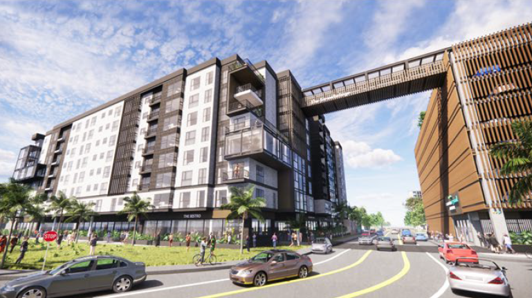 This artist's rendering shows The Strawbridge, a mixed-use apartment-retail complex and parking garage linked by a pedestrian bridge spanning Strawbridge Avenue in downtown Melbourne.