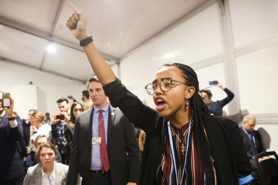 Demonstrators at the COP24 climate conference on Dec. 10 in&nbsp;Katowice, Poland, respond to Donald Trump's advisor Wells Griffith saying the U.S. will not reject coal mining or fossil fuel use. (Photo: NurPhoto via Getty Images)