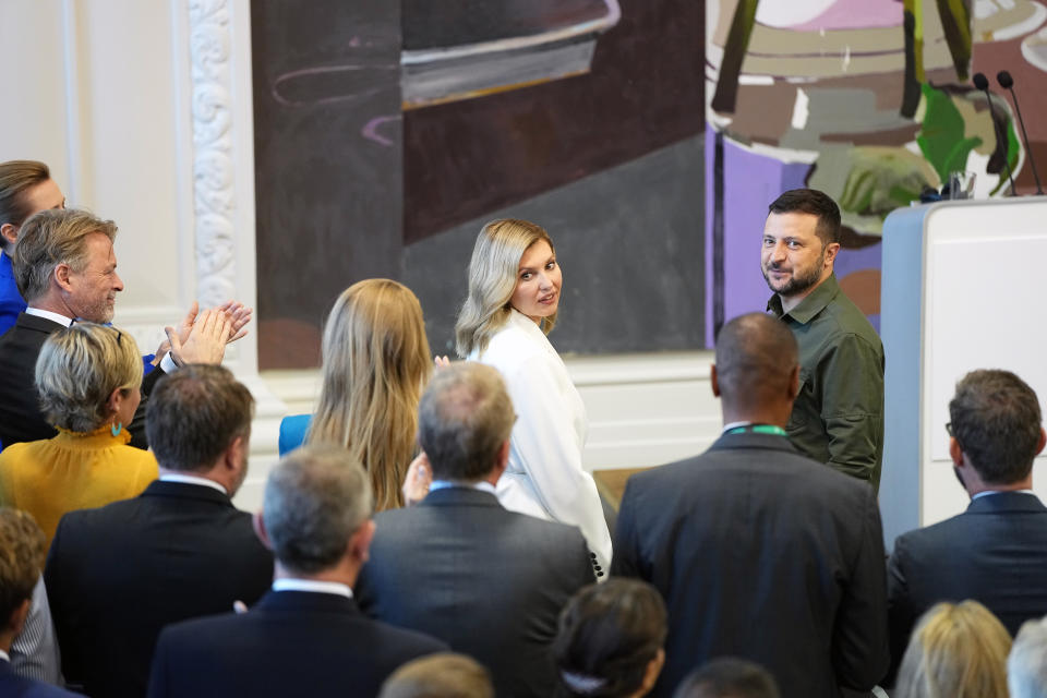 Ukraine's President Volodymyr Zelenskyy and Ukraine's First Lady Olena Zelenska arrive at the Danish Parliament in Copenhagen, Monday Aug. 21, 2023. (Mads Claus Rasmussen/Ritzau Scanpix via AP)