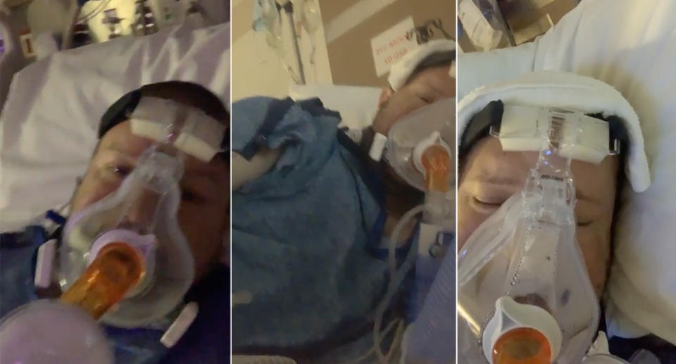 Screenshots from a Facebook live video showing Mike Jonesbatch in a full face oxygen mask in hospital.