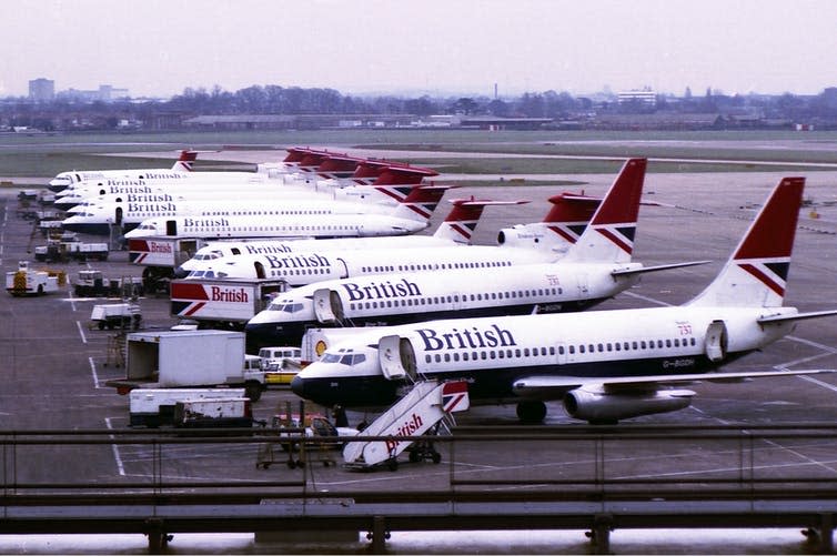 <span class="caption">British Airways was privatised in the 1980s.</span> <span class="attribution"><a class="link " href="https://commons.wikimedia.org/wiki/File:British_Airways_aircraft_at_LHR_T1_1980s_Kennaugh.jpg" rel="nofollow noopener" target="_blank" data-ylk="slk:Andy Kennaugh via Wikimedia;elm:context_link;itc:0;sec:content-canvas">Andy Kennaugh via Wikimedia</a></span>