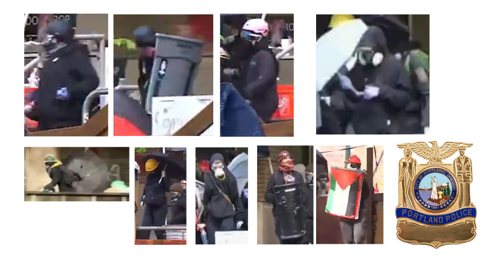 Portland police are asking the public's help in identifying protesters who were seen running away from the PSU library following a days-long occupation. May 2, 2024 (courtesy Portland Police Bureau).