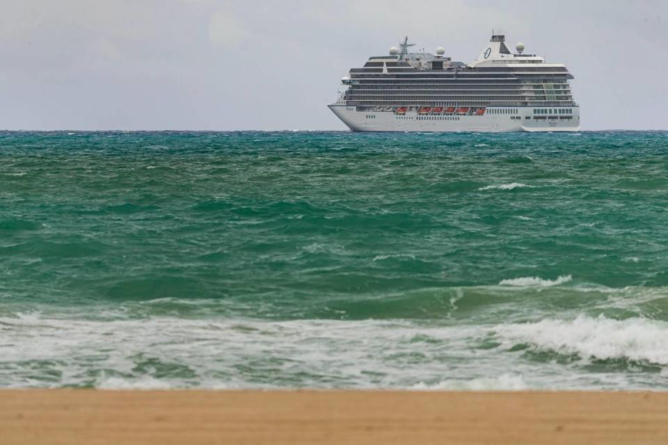 The Oceania Cruises’ Riviera ship can be seen out in the water near Miami Beach, Florida, on Friday, May 15, 2020.